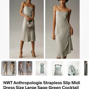 Anthropologie Sage Green Slip Midi Dress with Thin Straps